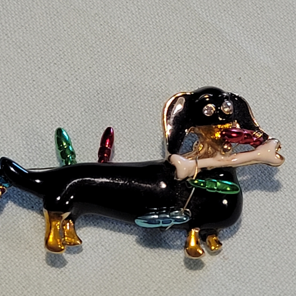 Weiner Dog Brooch With Colorful Lights And Enameled.